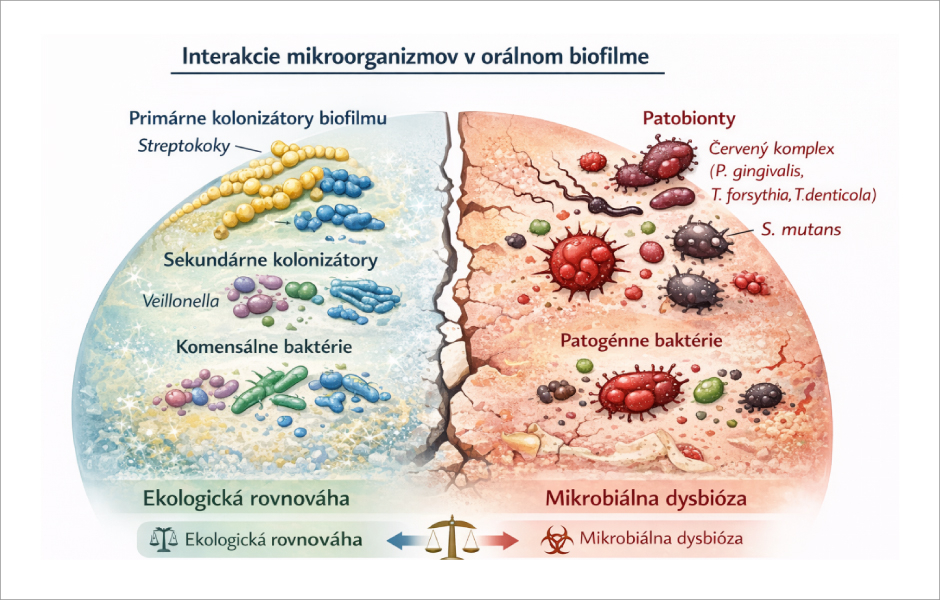 Obr.2: Interakcie mikroorganizmov v orálnom biofilme (vytvorené AI).