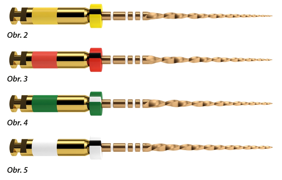 Obr. 2: Nástroj WaveOne Gold Small (20/07),Obr. 3: Nástroj WaveOne Gold Primary (25/07), Obr. 4: Nástroj WaveOne Gold Medium (35/06), Obr. 5: Nástroj WaveOne Gold Large (45/05)  