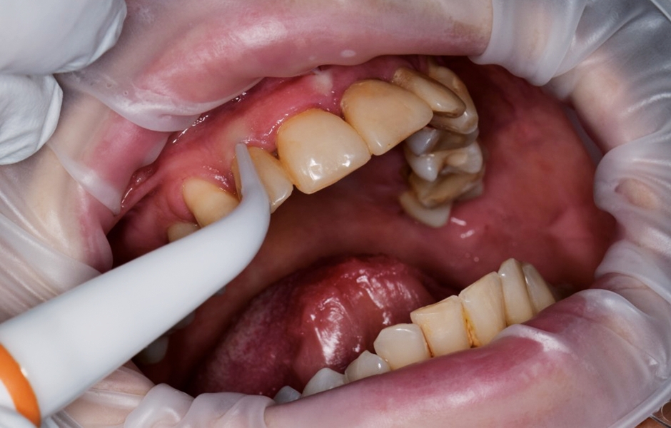Použití sondy v ústech pacienta