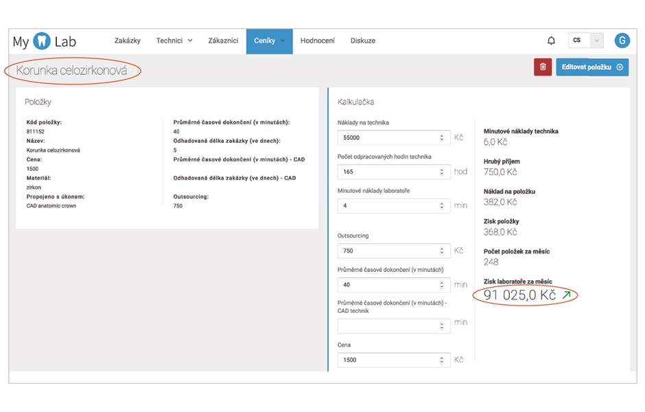 Printscreen aplikace MyDentLab z detailu produktu, konkrétně celozirkonové korunky