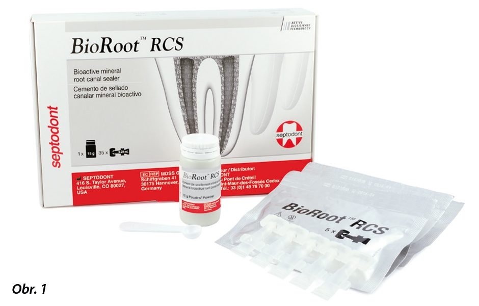 Forma balení BioRoot™ RCS od společnosti Septodont je tvořena nádobkou s odměrkou na prášek a ampulemi s tekutinou.