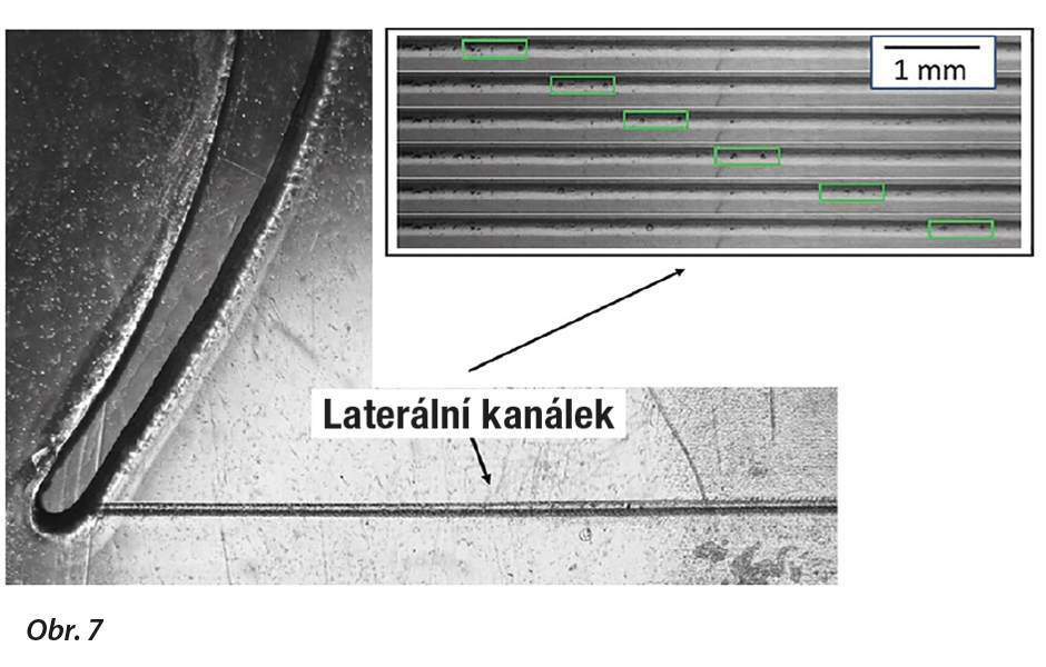 Model kořenového kanálku s laterálním kanálkem použitým v experimentu. Laterální kanálek byl dlouhý 13,5 mm a měl průměr 70–160 μm – pozorovaný pohyb plynových bublin v laterálním kanálku během irigace s SSP.
