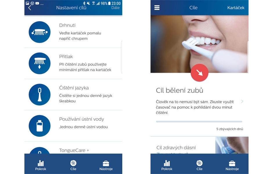 Obr. 3–4: Za účelem zlepšení konkrétního problému v oblasti orálního zdraví je možné zvolit různé cíle, například bělení zubů.